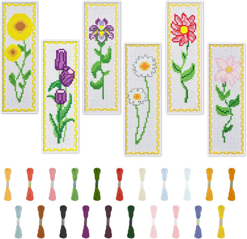 FREEBLOSS 6 Set Cross Stitch Bookmark Kit Cross Stitching Bookmark Vivid Flowers Designed Stamped Embroidery Bookmark with Instruction Cross Stitc...