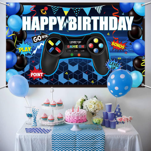 Blulu Video Game Happy Birthday Backdrop Game on Birthday Banner Level up Gaming Theme Party Background Photo Props for Party Wall Decorations Sup...