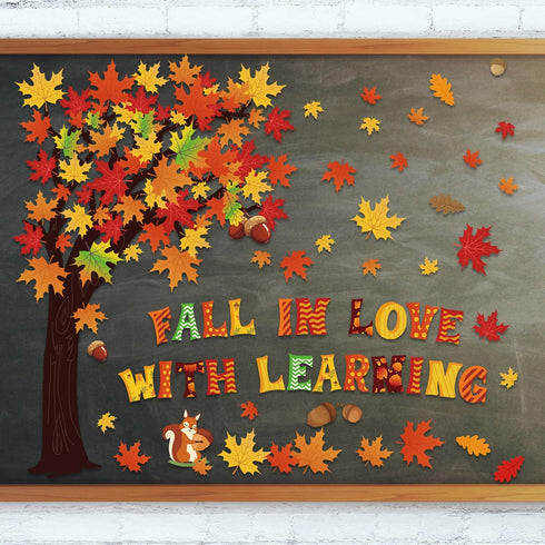 123 PCS Fall Classroom Tree Decorations Maple Leaves Bulletin Board Cutouts Fall in Love with Learning Decors Autumn Party Supplies with Glue Poin...