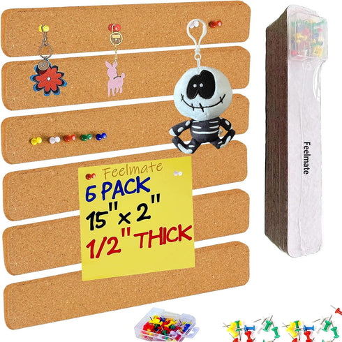 6Pack Cork Board Bar Strips for Wall,15x2inch-1/2inch Thick Self Adhesive Bulletin Bar Strips with 50 Push Pins for Paste Notes,Photos, Schedules,...
