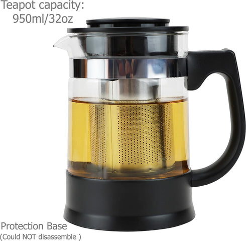 Glass Teapot Tea Kettle with Removable Infuser and Heat Resistance Base for Making and Serving Blooming Tea, Loose Leaf Tea - Capacity is 950ml/32...