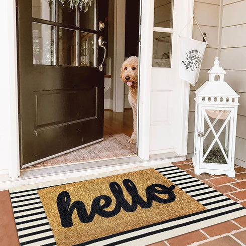 KILOCOCO Beige Striped Rug 2.3'x3.6' Indoor Outdoor Rugs Front Door Mat Hand Woven Cotton Washable Striped Layered Doormats for Front Porch/Kitche...