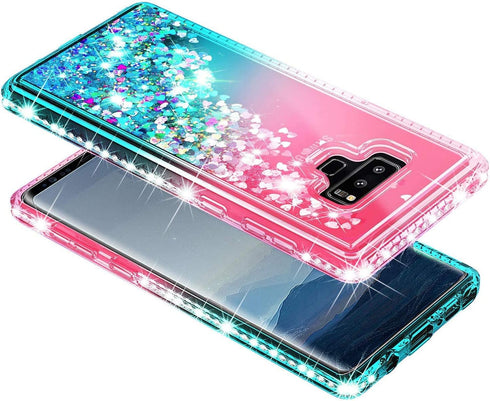Case for Samsung Galaxy Note 9 with Screen Protector (Maximum Coverage, Flexible TPU Film), Ring Holder/Wrist Strap, Sparkle Glitter Flowing Liqui...