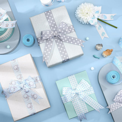 8 Roll Baby Elephant Grosgrain Ribbon 7/8 Inch Baby Shower Craft Ribbon It's a Boy/Girl Foot Print Ribbon for Gift Wrapping Baby Shower Gender Rev...