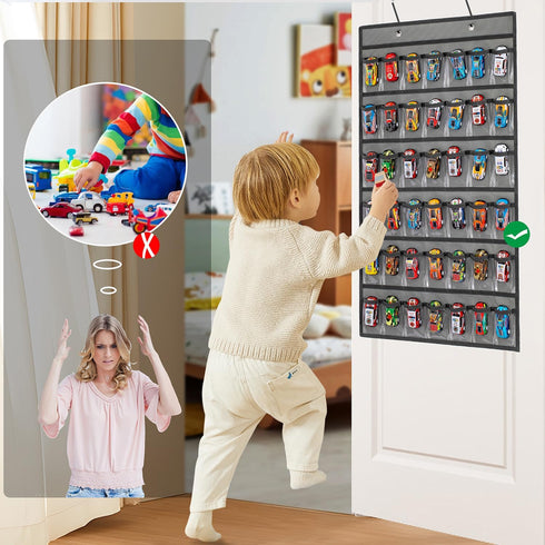 Toy Car Storage Organizer Hanging Toy Wheels Cars Holder Matchbox Cars Display Case with 42 Clear Pockets (One Side-Grey)...
