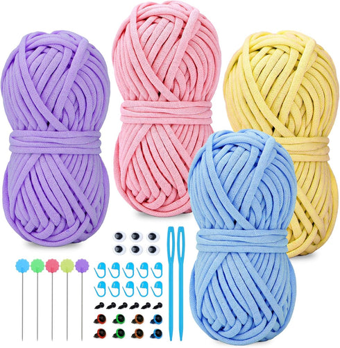 IMZAY 4 Pcs Yarn for Crocheting and Knitting, Crochet Soft Yarn Bulk with Knitting Needles, Stitching Markers, Positioning Pins, Plastic Eyes, Wea...