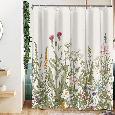Long Vintage Floral Shower Curtain 72 x 78 Inch, Wildflower and Herb Shower Curtain with 12 Hooks, Waterproof Fabric Flower Bathroom Shower Curtai...