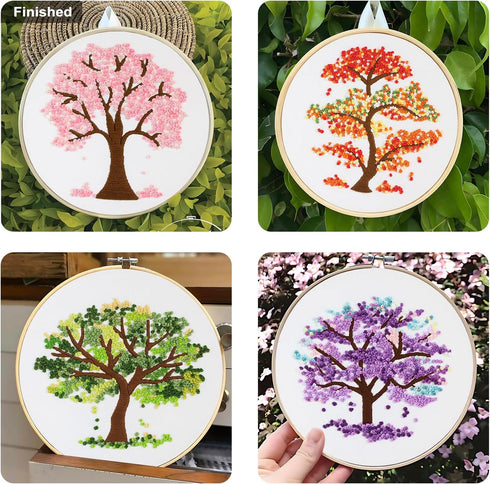 Sivilife Embroidery Starter Kit for Beginners, 4 Sets Stamped Cross Stitch Kits for Adult, Seasonal Tree Pattern Hand DIY Kits with 2 Embroidery H...
