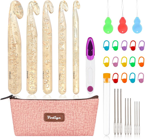 Vodiye 32 Pcs Crochet Hooks Set, Ergonomic 12mm-25mm Large Crochet Hooks for Chunky Yarn, Professional Huge Crochet Needles and Accessories for DI...