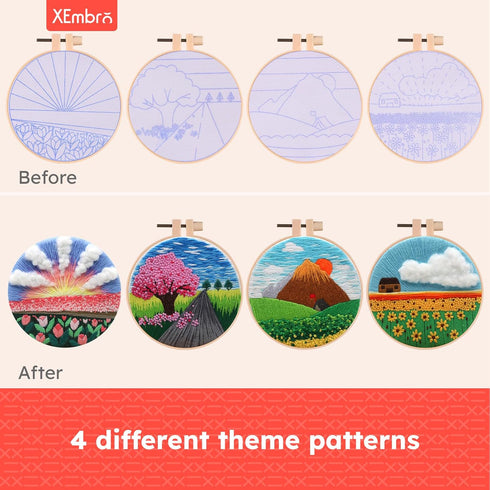 XEmbro 4 Sets Embroidery Kits for Beginners Adults, Embroidery Starter Kit with Pattern, Embroidery Cross Stitch Practice Kits with Embroidery Hoo...