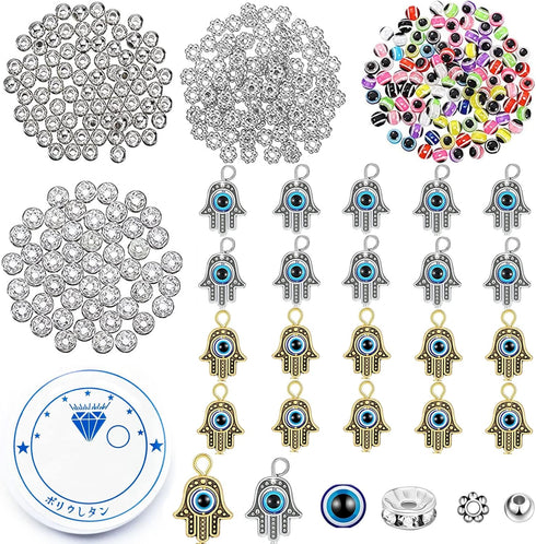 jodie 440 Pieces Evil Eye Beads Set Includes 120 20 Hand Charms 100 Plum Shaped Czech Crystal Spacer Bead Small Silver for Jewelry Making Earring ...
