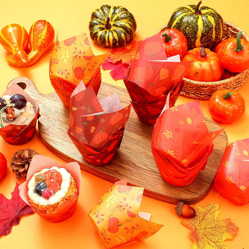 400 Pcs Fall Cupcake Liners Thanksgiving Tulip Wrappers for Baking Autumn Muffin Cupcake Holders Pumpkin Maple Leaf Liners Paper Baking Cups for B...
