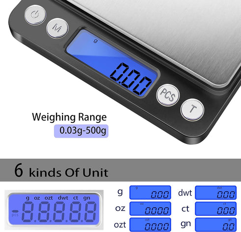 Fuzion Digital Gram Scale with 2 Trays, 500g/ 0.01g Small Jewelry Scale, 6 Units Gram Scales Digital Weight Gram and Oz, Tare Function Digital Her...