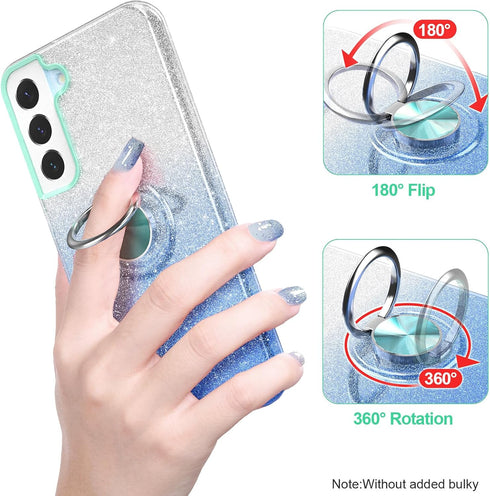 Galaxy S22 Case, Slim Fit Glitter Sparkly Case with 360°Ring Holder Kickstand Magnetic Car Mount Shock-Absorbent Protective Durable Cover for Gala...