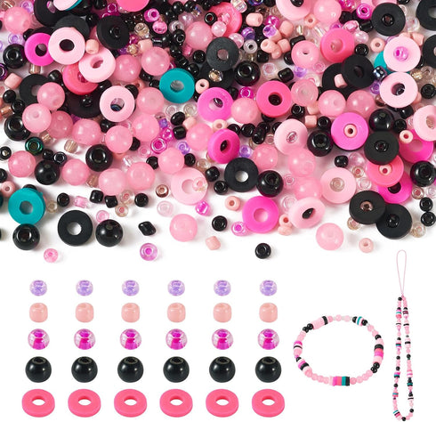 Assorted Pink and Black Beads Kit Pink Heishi Clay Beads Black Pearl Beads Glass Seed Beads Small Rondelle Pony Beads for Crafts DIY Bracelet Jewe...