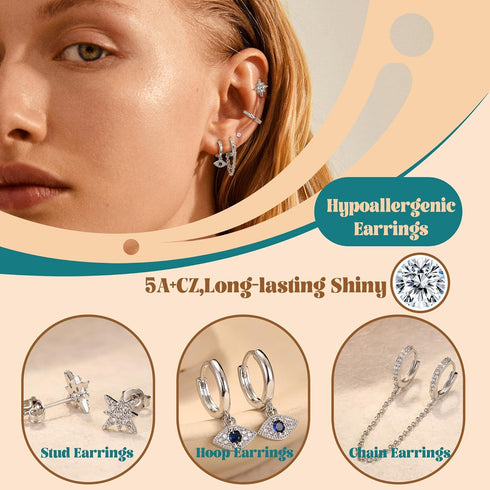 IRONBOX 12Pairs 14K Gold Plated Huggie Hoop Studs Earrings Set for Women Small Dainty Minimalist Chain Earrings Cartilage CZ Ball Earring Sets for...