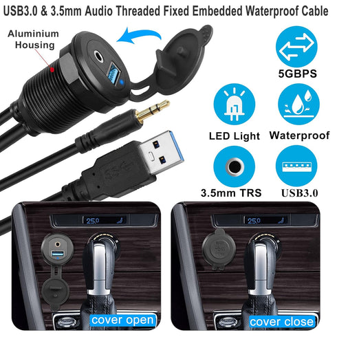 QIANRENON USB3.0 & 3.5mm Audio Threaded Fixed Embedded Car Waterproof Cable 5Gbps TRS 3.5mm & USB3.0 Dashboard Panel Mount Extension Cable, LED Li...