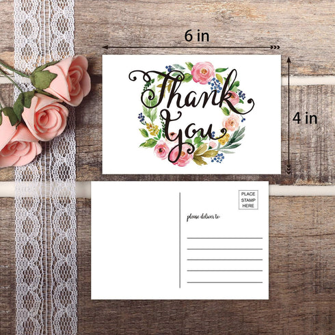 50 Thank You Postcards-Blank Thank You Note Card, Floral Watercolor Calligraphy Note Card Stationery for Wedding, Bridesmaid, Bridal or Baby Showe...