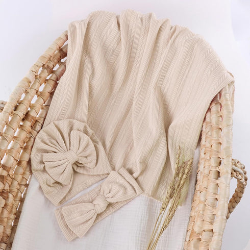 OMUKY Newborn Receiving Blanket Bow Headband and Beanie Set Baby Swaddle Receiving Blankets Baby Boy Girls Nursery Swaddle Wrap(Khaki)...