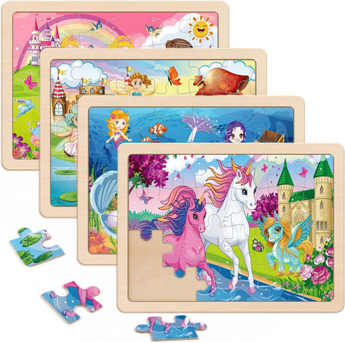 Wooden Puzzles for Kids Ages 4-6, 4 Packs 24 PCs Unicorn Mermaid Princess Fairy Jigsaw Puzzles, Preschool Educational Brain Teaser Toys for Girls ...