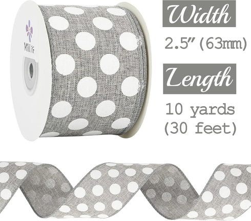 MEEDEE Grey Ribbon with Polka Dots Grey Burlap Ribbon 2.5 Inch Grey and White Ribbon Gray Wired Ribbon for Baby Shower Wreath Farmhouse Decor Door...