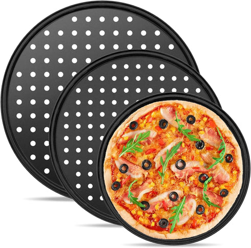 3PCS Round Pizza Pan with Holes, Nonstick Pizza Tray for Oven 9Inch, 11Inch, 12 Inch, Pizza Baking Pans, Perforated Carbon Steel Pizza Bakeware fo...