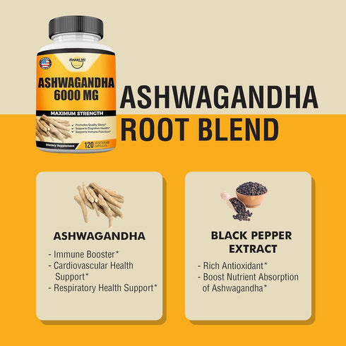 Ashwagandha Root Extract 6000mg per Serving, with Black Pepper for Better Absorption, Energy, Cognitive Function, Immune Support & Overall Wellnes...