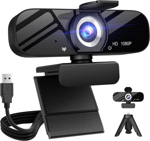 Full HD Webcam with Built-in Microphone and Rotatable Tripod, 1080P Video and Wide Angle Camera, Privacy Cover, for Desktop PC or Laptop Computer...