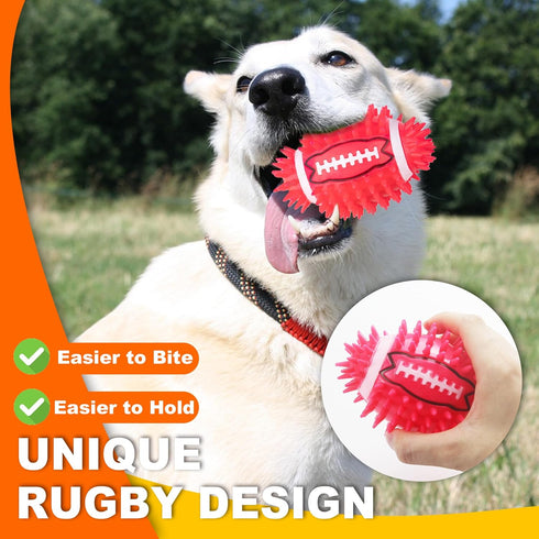 4.3” Dog Squeaky Ball Toys 4 Pack, Interactive and Durable Spiky Dog Toy for Medium Large Dogs with Rugby Shape, Built-in Squeaker for Teeth Clean...
