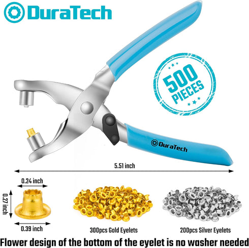 DURATECH Grommet Eyelet Pliers kit, Eyelet Pliers with 500 Gold and Silver Metal Eyelet Grommets, Handheld Grommet Tool Kit for Leather/Belt/Shoes...