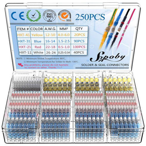 Sopoby 250PCS Solder Seal Wire Connectors Insulated Waterproof Electrical Wire Terminals Heat Shrink Solder Butt Connectors Solder Connector Kit f...
