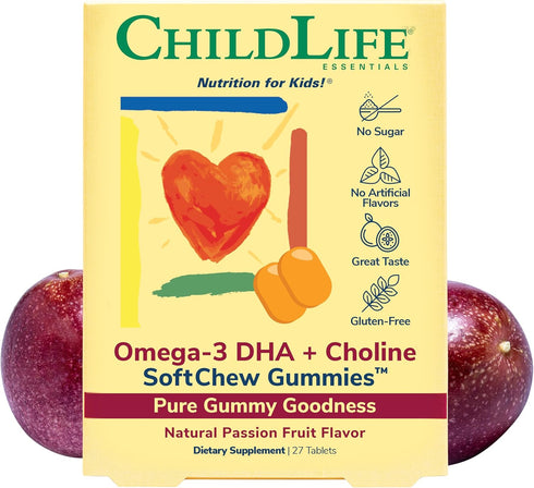 CHILDLIFE ESSENTIALS Omega-3 DHA + Choline SoftChews - All-Natural Support for Optimal Brain & Nervous System Development & Function in Children &...