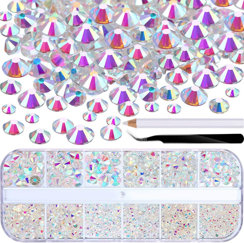 2000 Pieces Flat Back Gems Rhinestones 6 Sizes (1.5-6 Mm) Round Crystal Rhinestones with Pick up Tweezer and Picking Pen for Crafts Nail Clothes S...