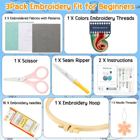 Ponpon 3 Sets Embroidery Kit for Beginners, Embroidery Kit for Adults with Follow Instruction, Cross Stitch Kits with Wooden Embroidery Hoops (Stl...