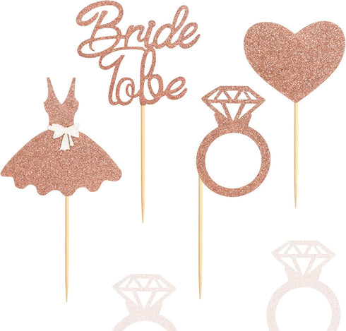 Ercadio 36 Pack Bride to Be Cupcake Toppers Rose Gold Glitter Dress Heart Ring Cupcake Picks Wedding Bachelorette Bridal Shower Party Cake Decorat...