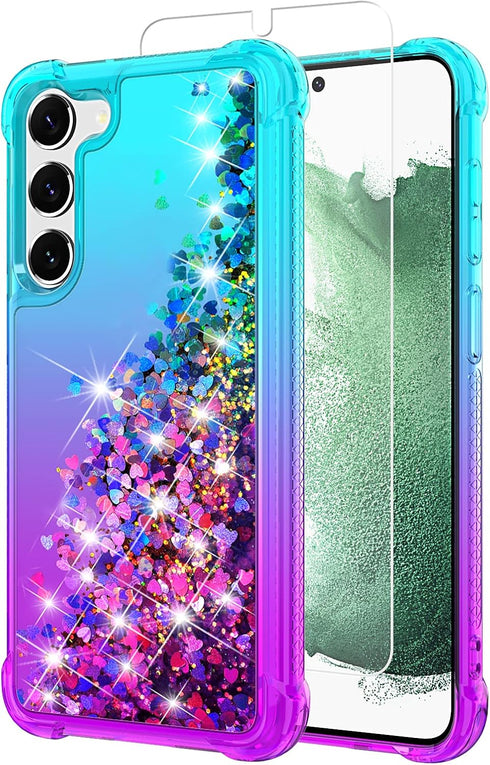 for Samsung S23 Plus Case,S23 Plus Case,with HD Screen Protector,Gradient Quicksand Glitter Liquid Floating Waterfall Durable Girls Cute Phone Cas...