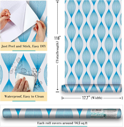 5462-2 Peel and Stick Wallpaper Geometric Waves Curve 17.7" x 9.8ft Blue Abstract Stripe Contact Paper Self Adhesive Furniture Vinyl Decorative Fi...