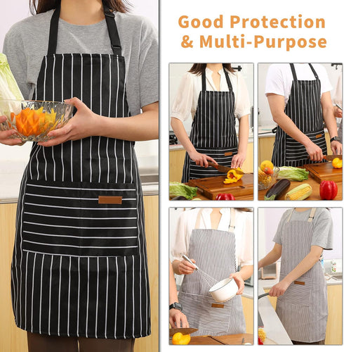 Tosewever 2 Pieces Kitchen Cooking Aprons, Cotton Polyester Blend Adjustable Bib Aprons with 2 Pockets for Women Men Chef Chef (Black/Brown Stripe...