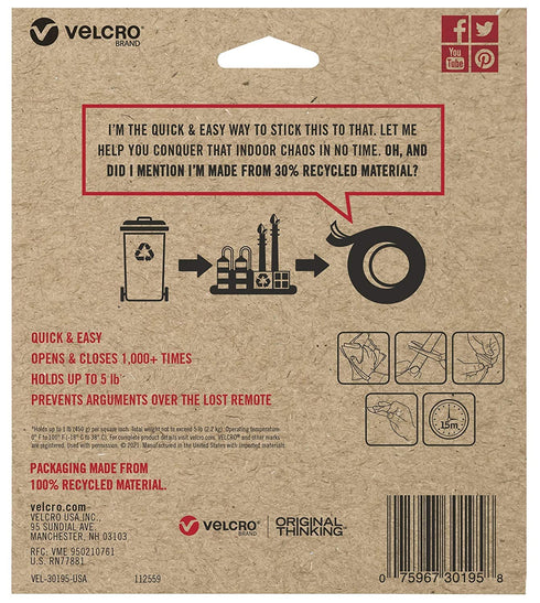 VELCRO Brand ECO Collection Stick On Adhesive Tape 10ft x 7/8in, Cut Strips to Length, Sustainable 30% Recycled Material, White...