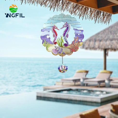 Seahorse 3D Wind Spinner Kinetic Metal Art Hanging Wind Spinner Outdoor Decoration Ocean Ornaments Decor for Yard and Garden...