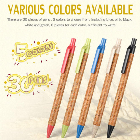 CHENGU 30 Pack Wheat Straw Pens Cork Recycled Ballpoint Retractable Pens with Comfortable Grip Black Ink Click Office Supplies Pens for School Jou...