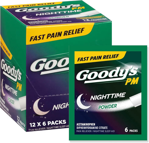 Goody's PM Nighttime Powder, Acetaminophen 500mg, Dissolve Packs for Pain with Sleeplessness, 6 Individual Packets, 12 Pack...