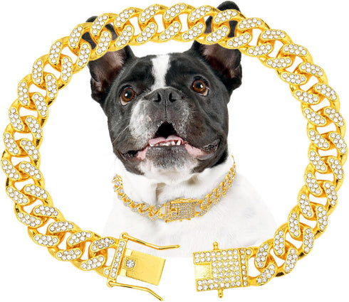Gold dog chain Diamond Gold chain dog collar Walking Metal Chain Collar with Design Secure Buckle Pet Collar Jewelry Accessories dog necklace for ...