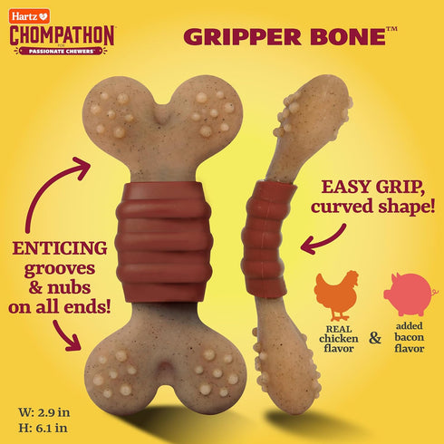 Hartz New Chompathon Gripper Bone Dog Chew Toy for Aggressive Chewers, Double Layered Flavored with Chicken & Bacon...