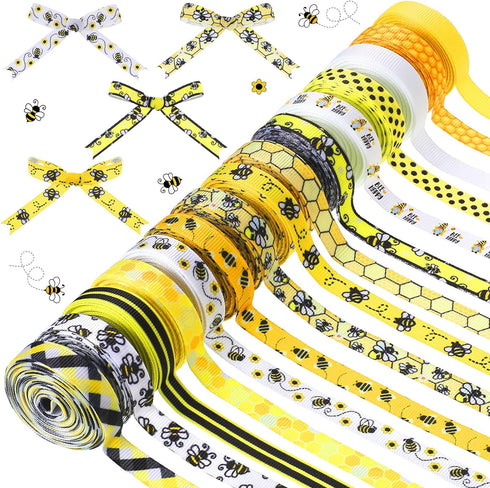 Jutom 15 Rolls 60 Yards Bee Ribbon Bee Flowers Bee Gnome Grosgrain Stripes Dots Yellow Wreath Ribbon Spring Easter Decorations for Sewing DIY Craf...