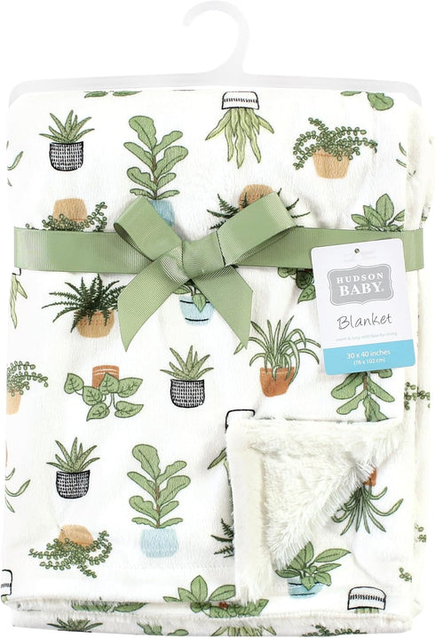 Hudson Baby Unisex Baby Plush Blanket with Furry Binding and Back, Plants, One Size...