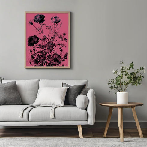 Posterizer 1 pcs-dainty black flowers with pink soft background-Floral & Botanical Art-Abstract & Modern Art-Decor for Home & Office- UNFRAMED Wal...