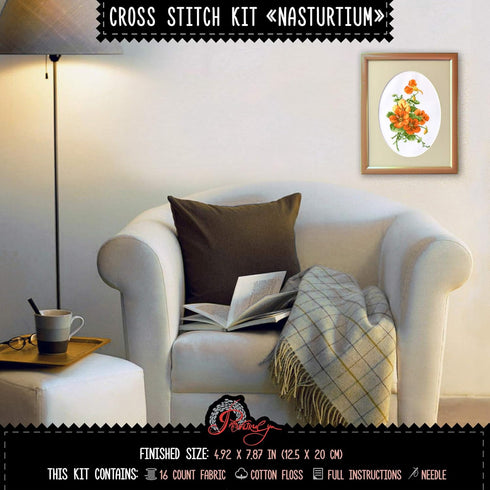Povitrulya Summer Flowers Cross Stitch Kit 'Nasturtium' - Floral DIY Embroidery Set for Adults with Paper Pattern and Prestored Floss...