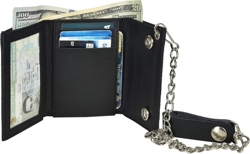 BLACK GENUINE LEATHER Trifold Biker's Eagle Wallet ID Card Holder With Chain...