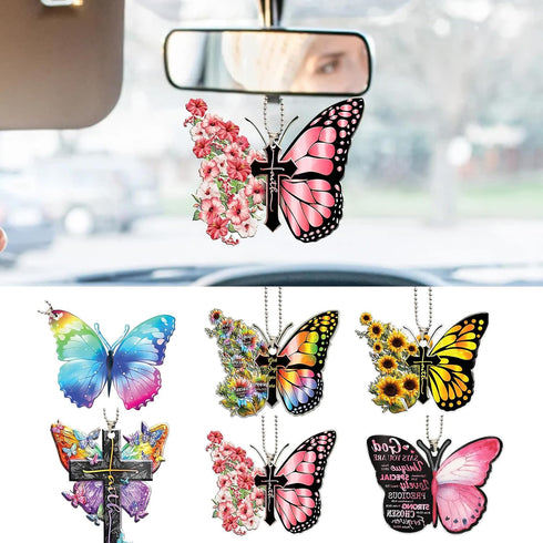Cute Butterfly Car Hanging Ornament, Acrylic Car Rear View Mirror Charms, Bag Keychain Accessory Cross Car Interior Ornament...